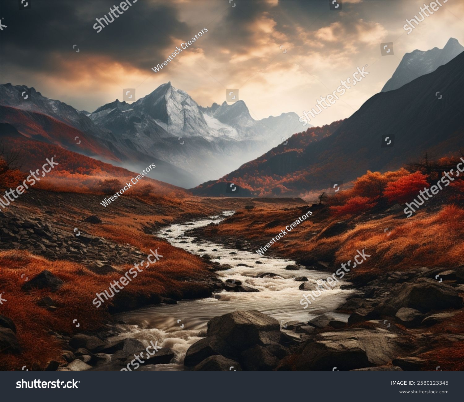 Ruhiger Gebirgsfluss vor felsiger Bergkulisse