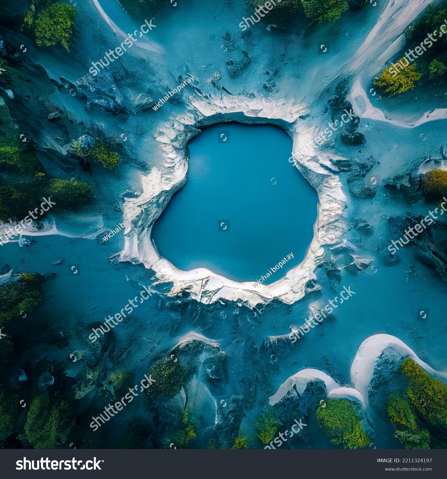 Drohnenperspektive auf türkisfarbene Wellen und Felsen