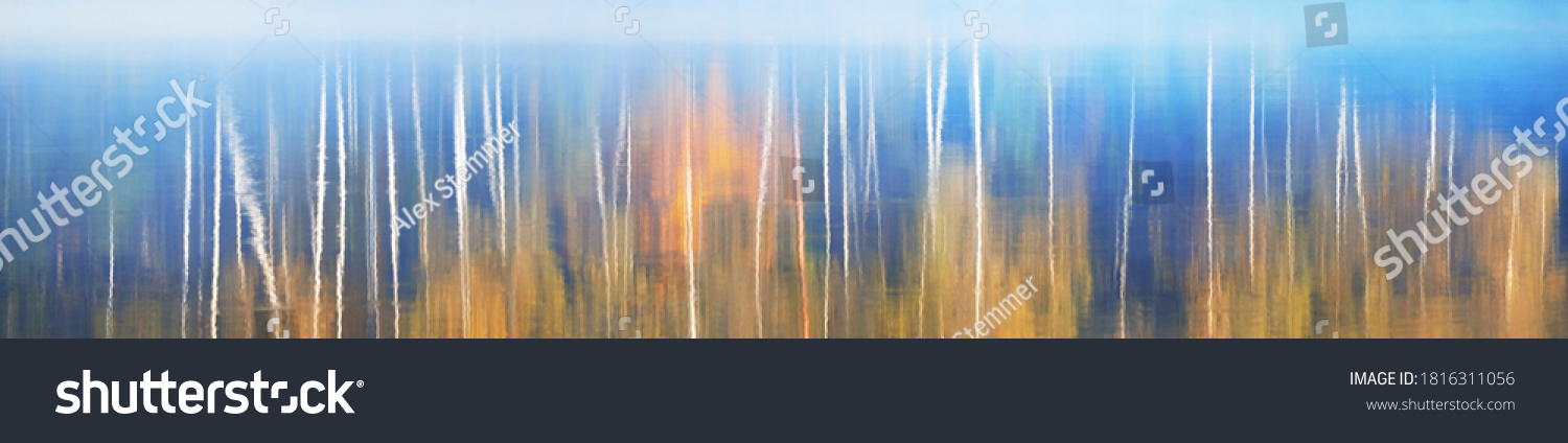 Symmetrische Spiegelung goldener Birken im blauen Wasser