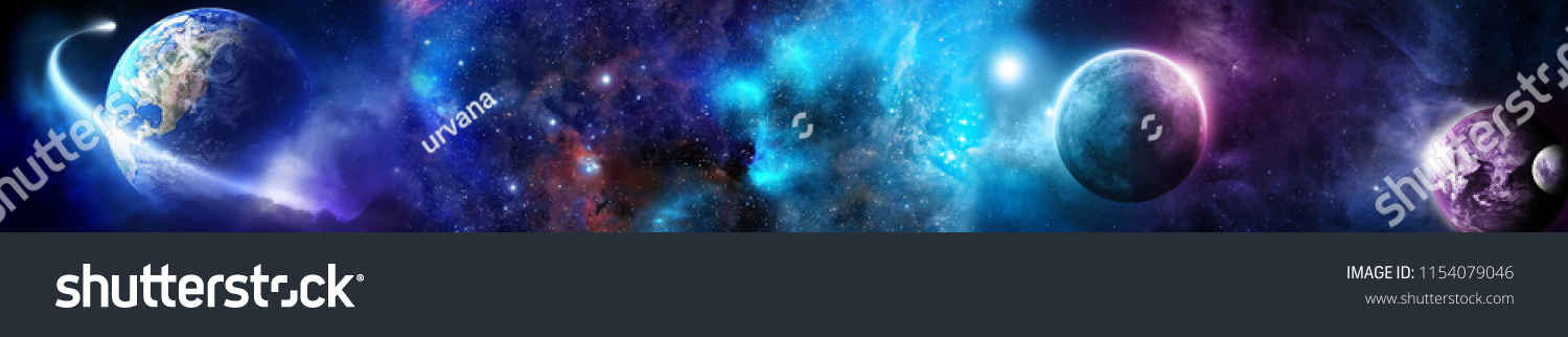 Weltraumszene mit Planeten, Sternen und Galaxien im Panorama