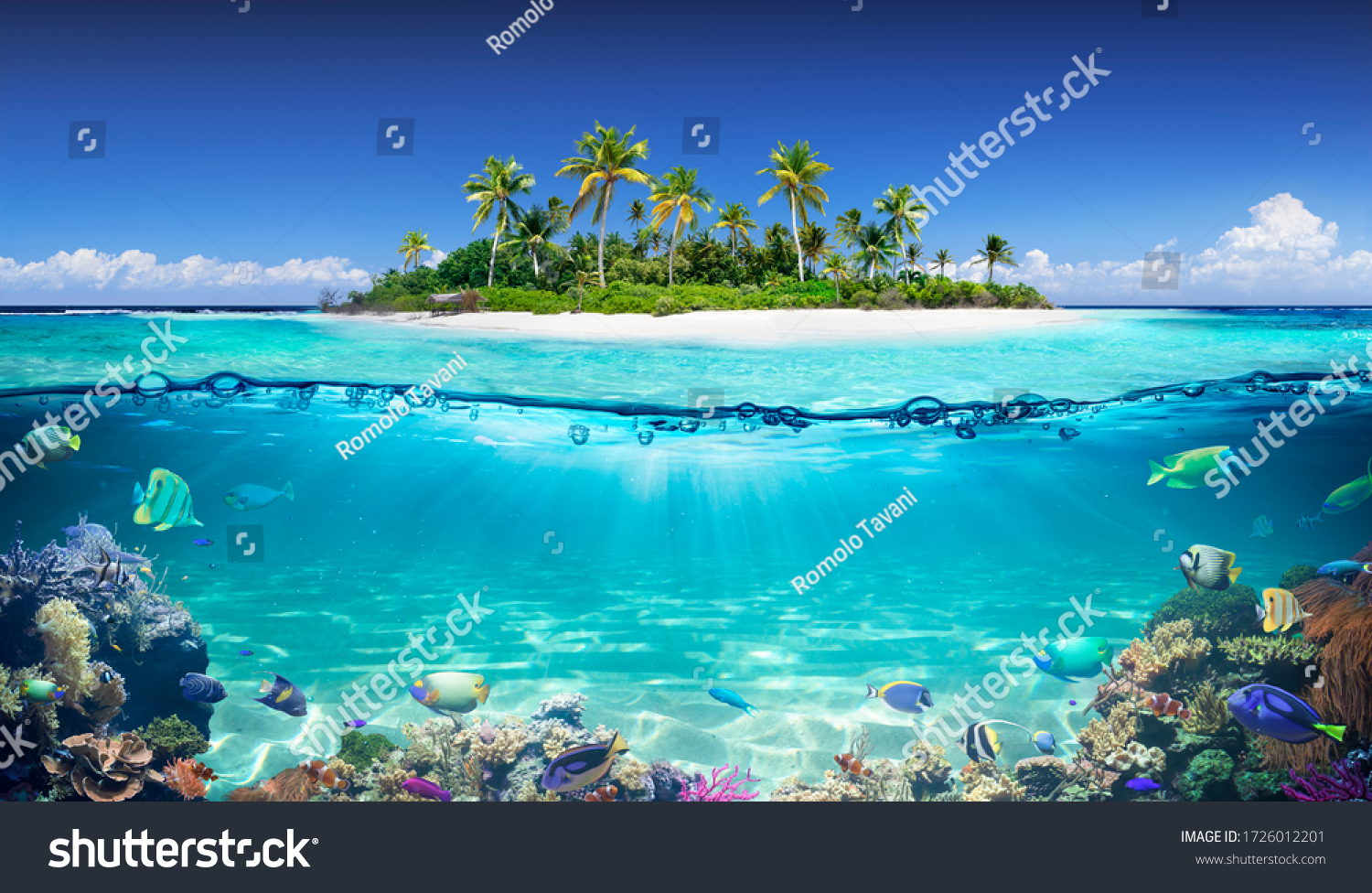 Split-View von tropischer Insel und Korallenriff über und unter Wasser