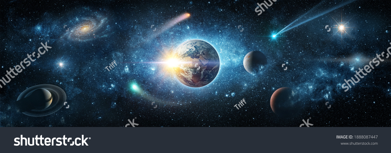 Blick aus dem All auf die Erde mit Galaxien, Sternen und Nebeln